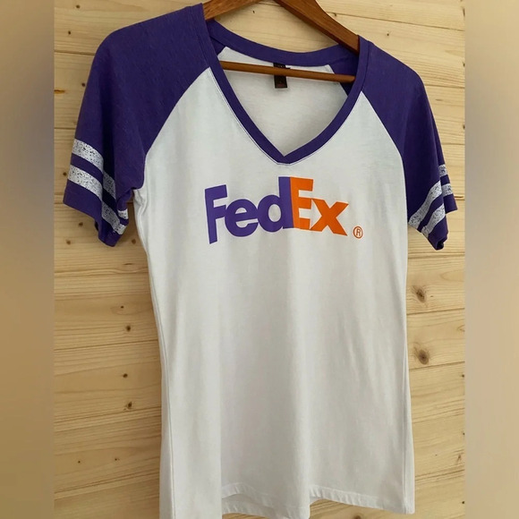 NEW RAGLAN Women’s Small White Purple Orange Logo V-Neck Tee - Picture 2 of 8